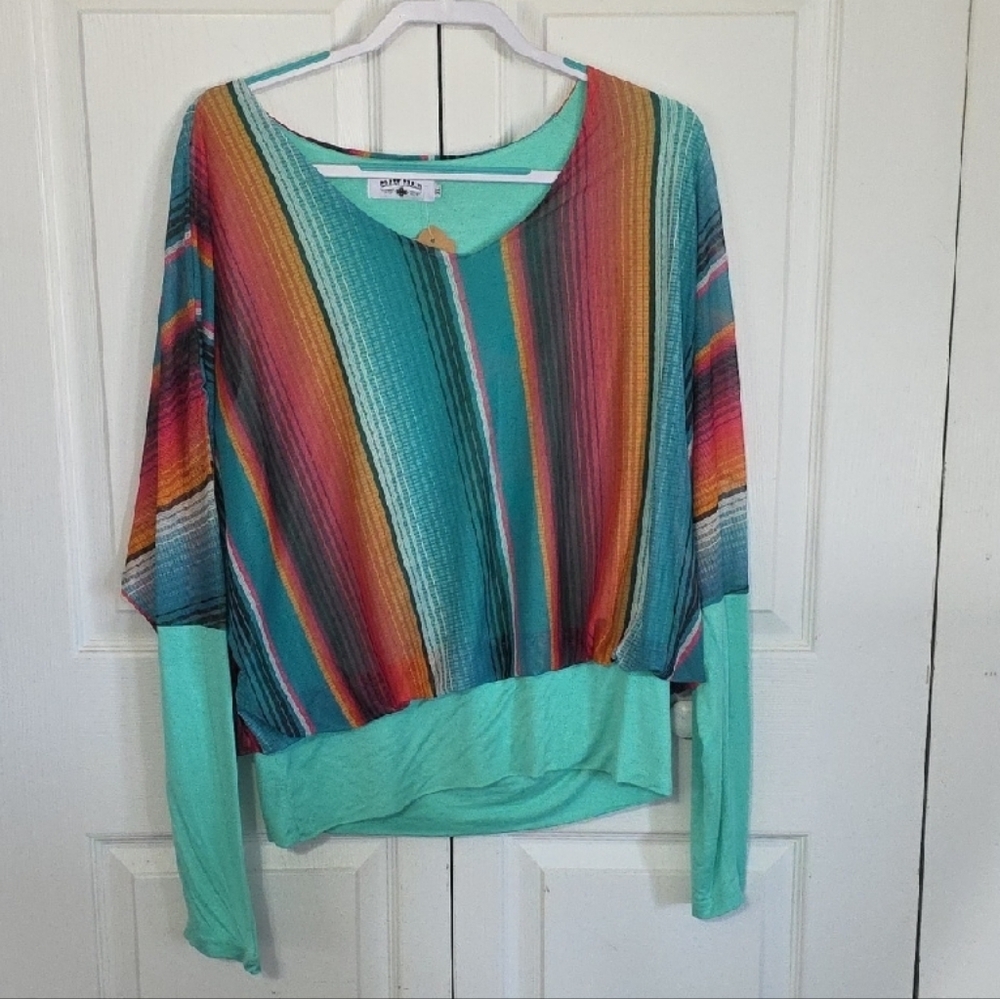 Crazy Train Blue and Red Graphic Long Sleeve Blouse